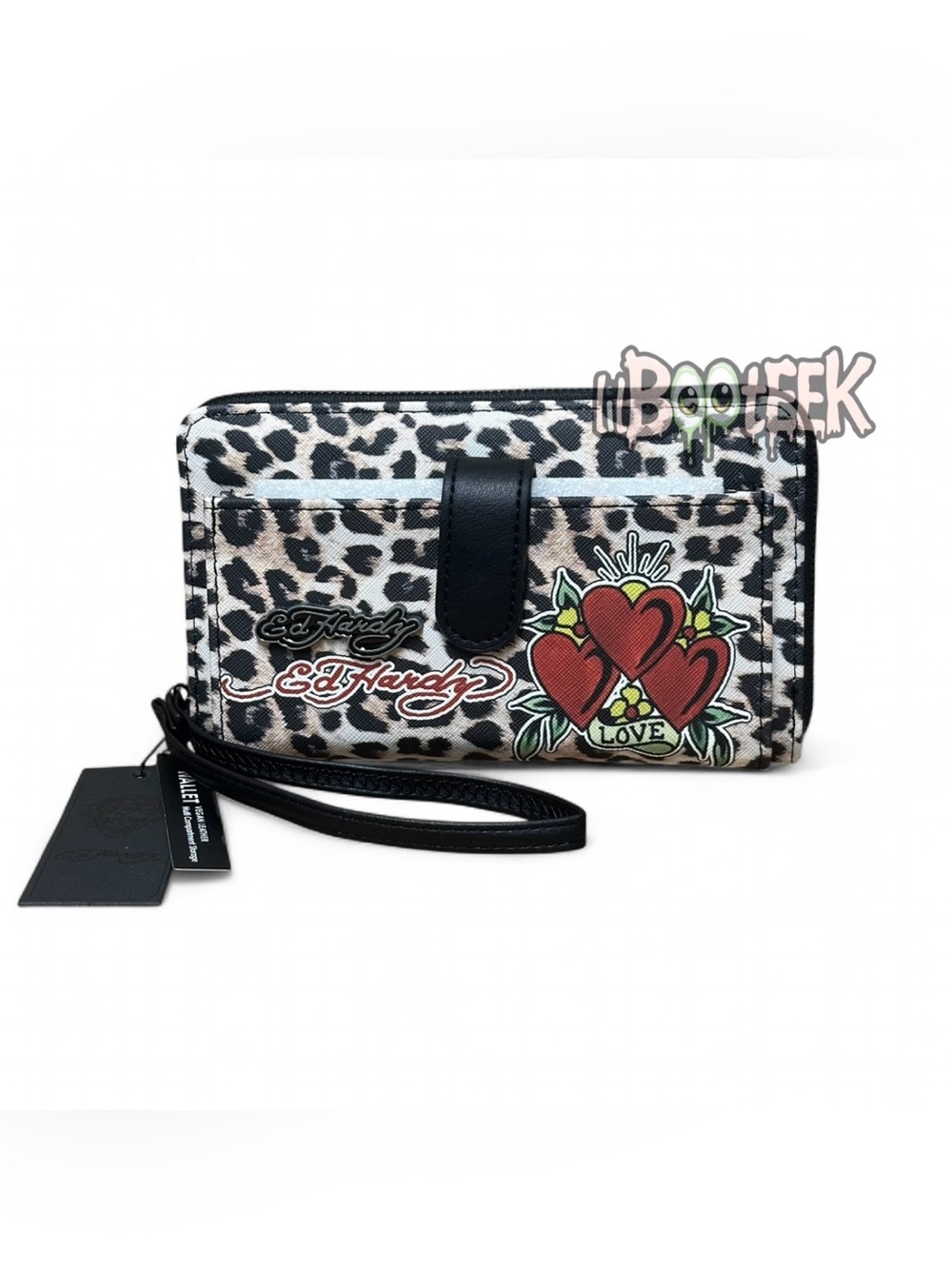 Ed Hardy Leopard Print 3 Heart Logo Wallet Wristlet w Outer Pocket NEW Viral Y2K - Picture 3 of 5